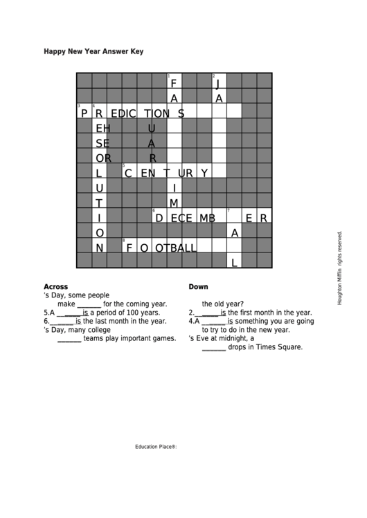Happy New Year Crossword Puzzle With Answer Key Printable pdf