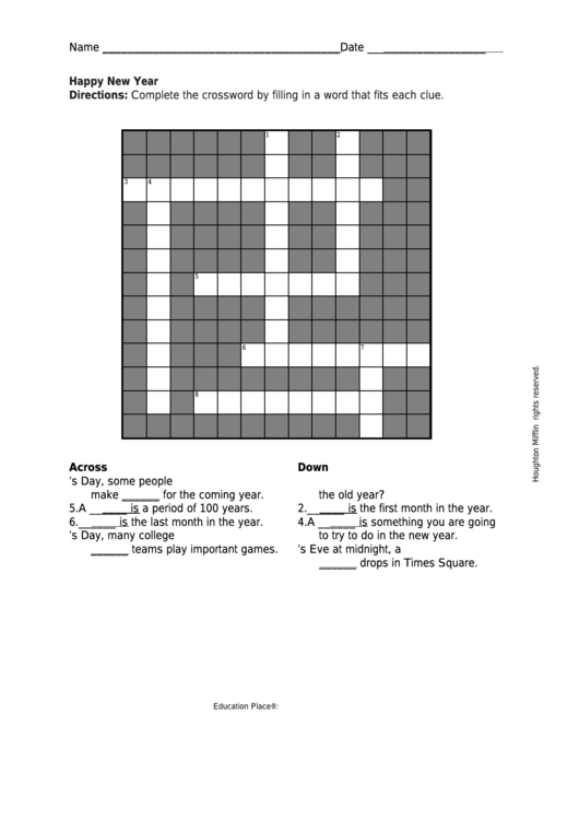 Happy New Year Crossword Puzzle Template Printable pdf