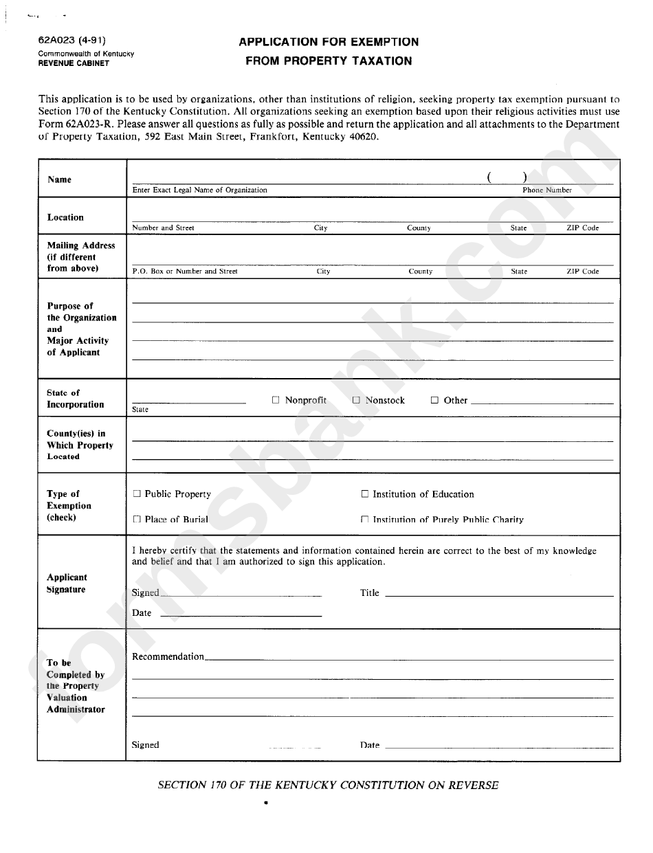 Form 62a023 - Application For Exemption From Property Taxation