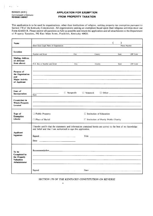 Form 62a023 - Application For Exemption From Property Taxation Printable pdf