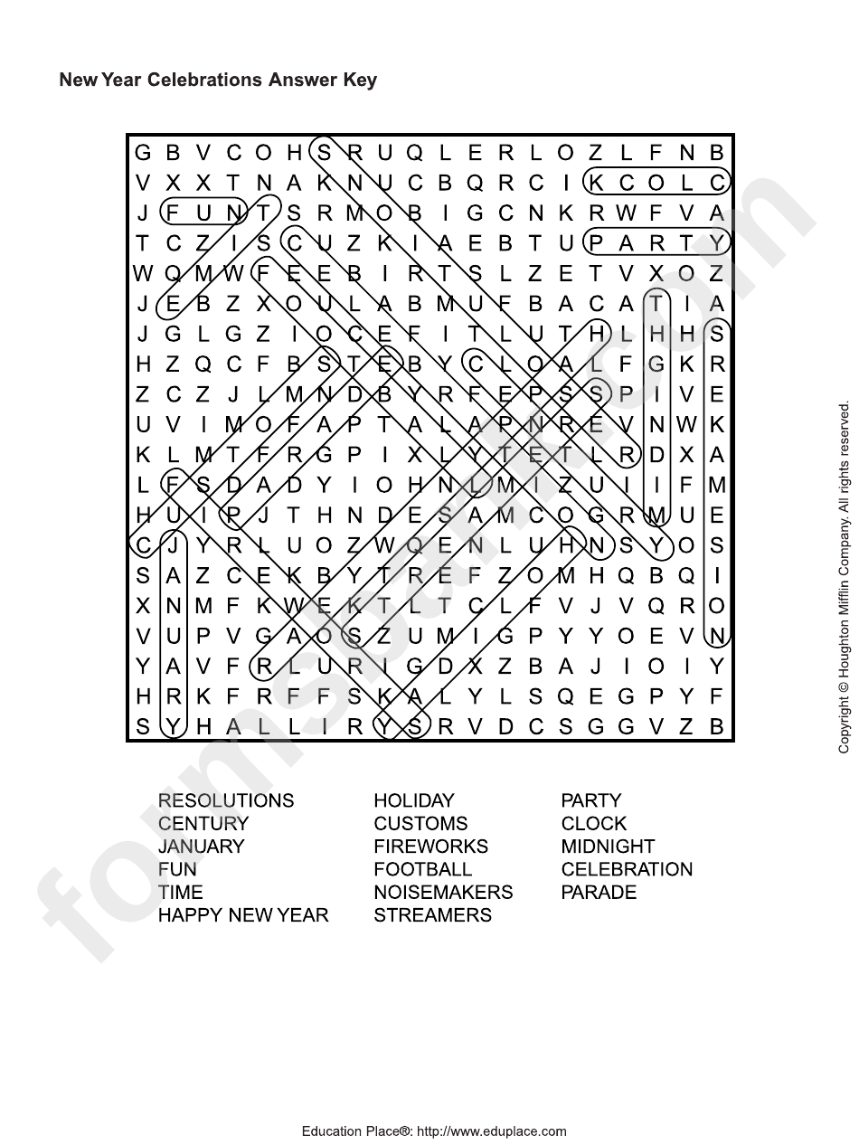 New Year Celebration Word Search Puzzle Answer Key