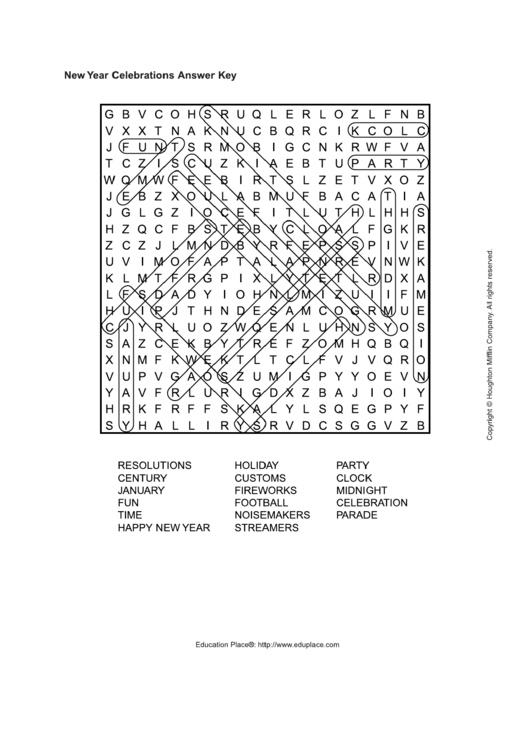 New Year Celebration Word Search Puzzle Answer Key Printable pdf