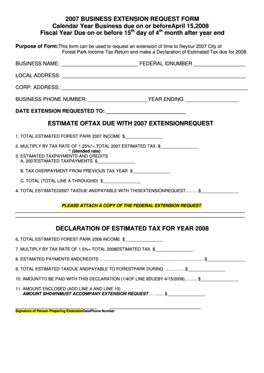 Business Extension Request Form - City Of Forest Park - 2007 Printable pdf