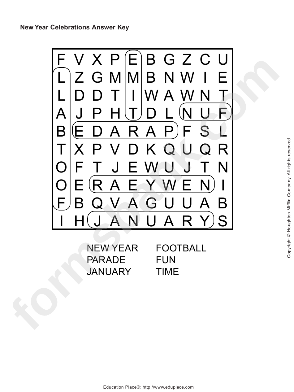Word Search Worksheet - New Year Celebration Answer Key - Football, Time