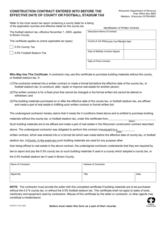 Form S-207ct-1 - Construction Contract Entered Into Before The Effective Date Of County Or Football Stadium Tax Printable pdf