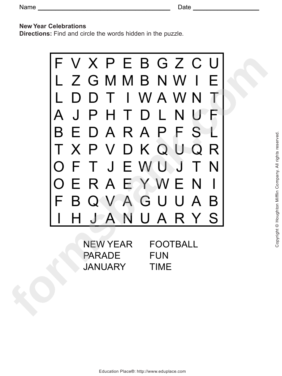 New Year Celebration Word Search Puzzle Template