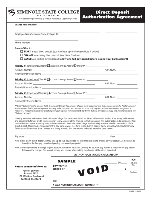 Direct Deposit Authorization Agreement Form Printable pdf