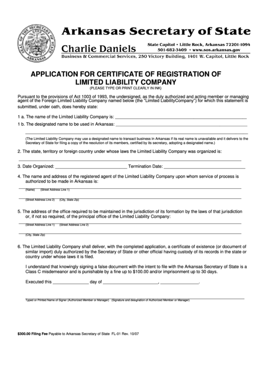 Form Fl-01 - Application For Certificate Of Registration Of Limited Liability Company Printable pdf