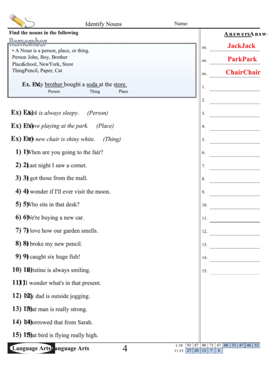 Identify Nouns English Grammar Worksheet With Answer Key Printable pdf