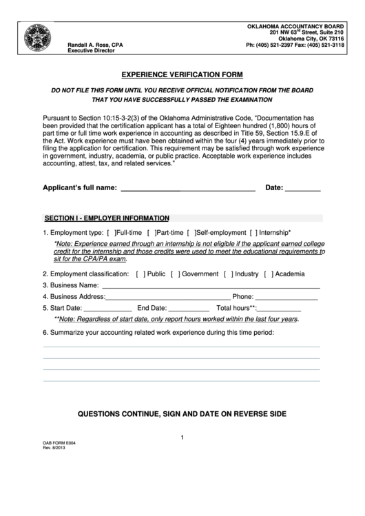 Oab Form E004 - Experience Verification Form Printable pdf