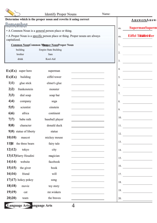 Identify Proper Nouns English Grammar Worksheet Printable pdf