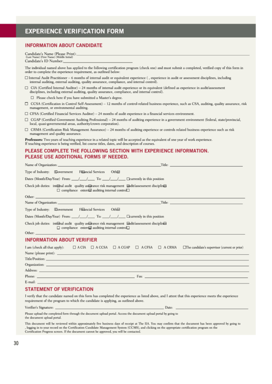 Fillable Experience Verification Form Printable pdf