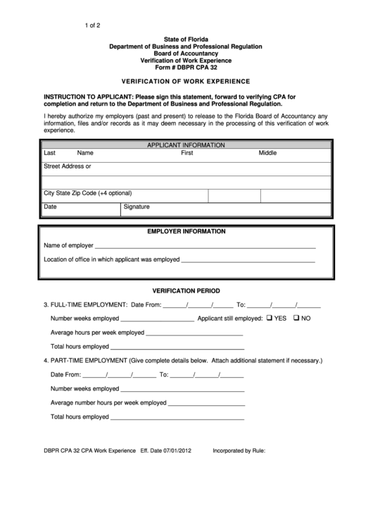 Form Dbpr Cpa 32 - Verification Of Work Experience Printable pdf