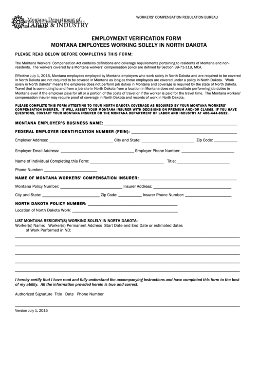 Employment Verification Form Montana Employees Working Solely In North Dakota 2015 Printable pdf