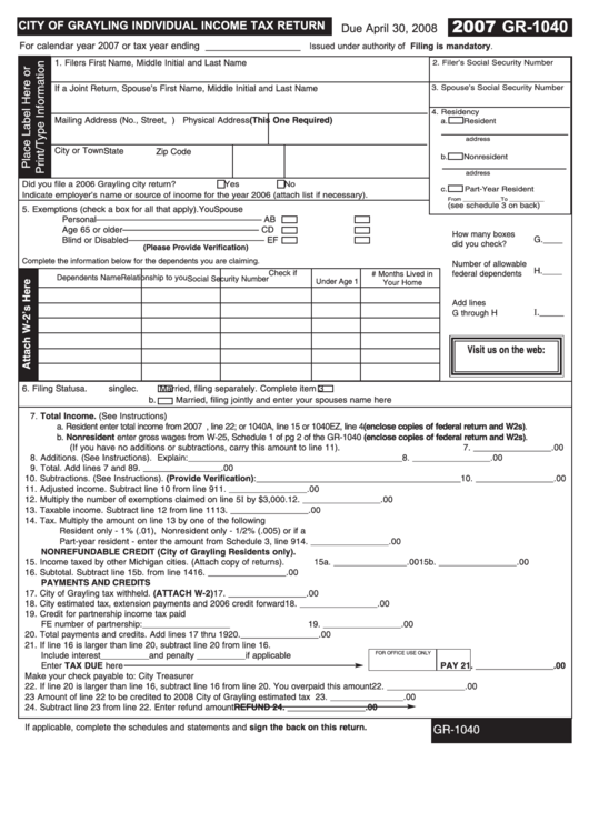 Form Gr-1040 - City Of Grayling Individual Income Tax Return - 2007 Printable pdf
