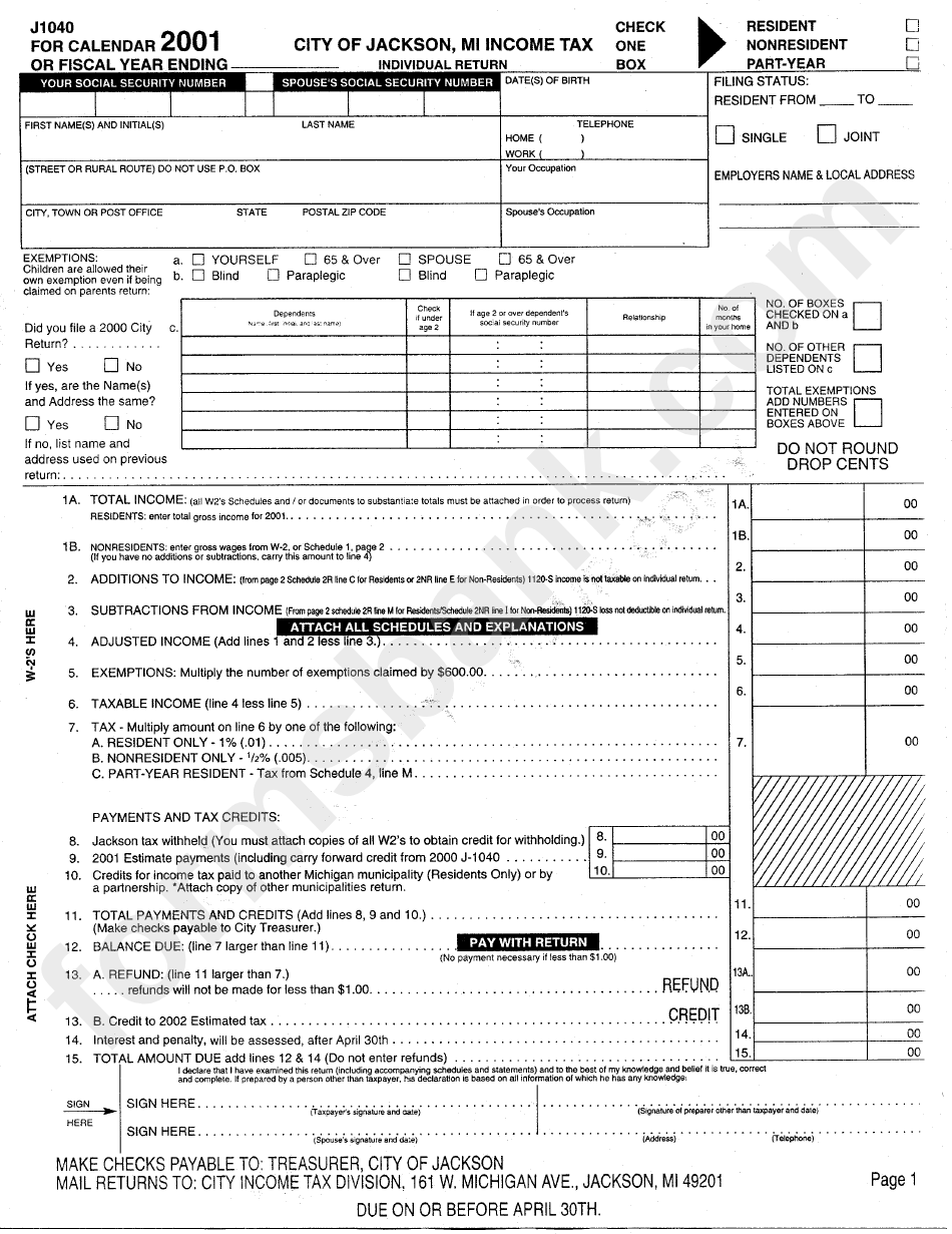Form J1040 - Income Tax - 2001