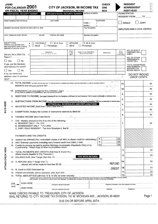 Form J1040 - Income Tax - 2001 Printable pdf