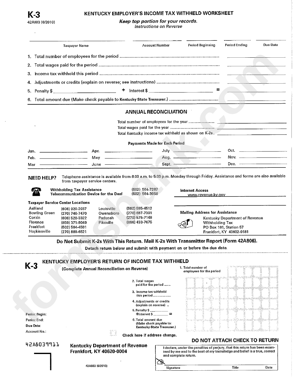 Form K 3 Kentucky Employers Income Tax Withheld Worksheet Printable