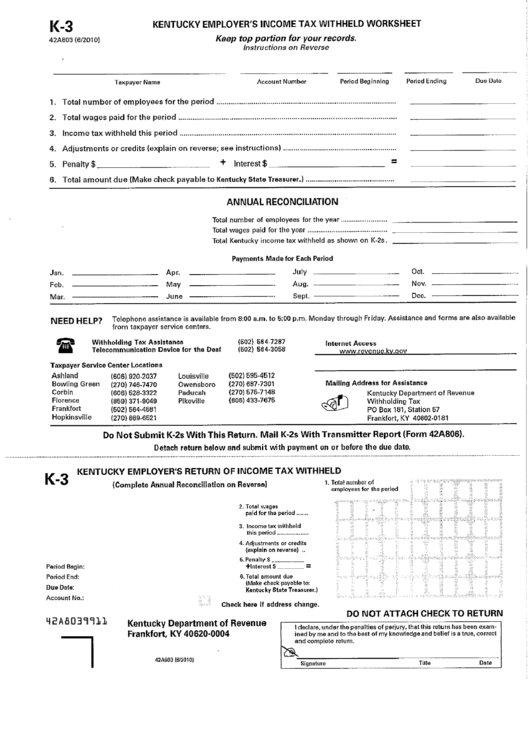 Form K-3 - Kentucky Employer