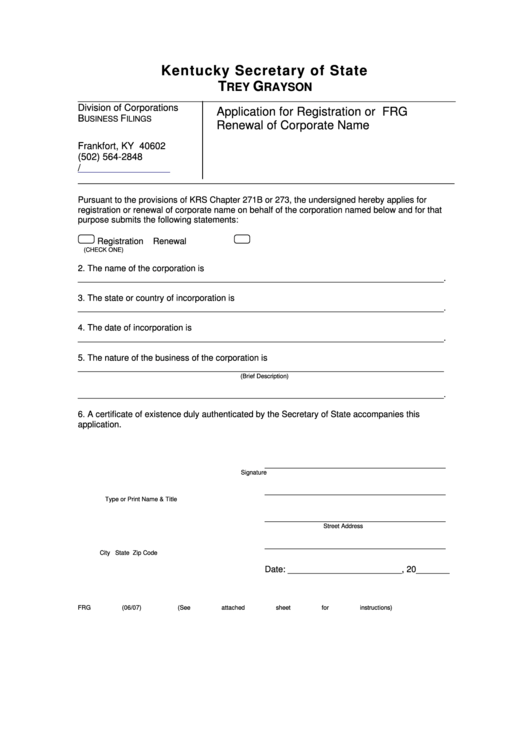 Fillable Form Frg - Application For Registration Or Renewal Of Corporate Name - 2007 Printable pdf