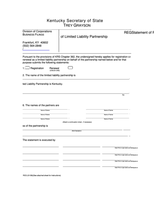 Fillable Form Reg - Statement Of Registration Or Renewal Rof Limited Liability Partnership Printable pdf