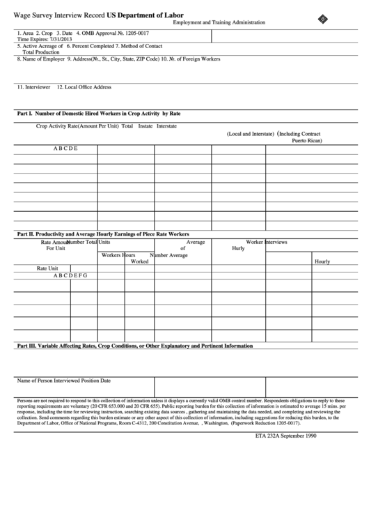 Form Eta 232a - Wage Survey Interview Record Printable pdf