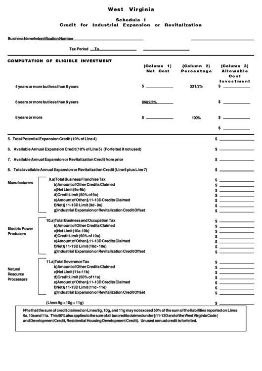 Fillable Schedule I - Credit For Industrial Expansion Or Revitalization Form Printable pdf