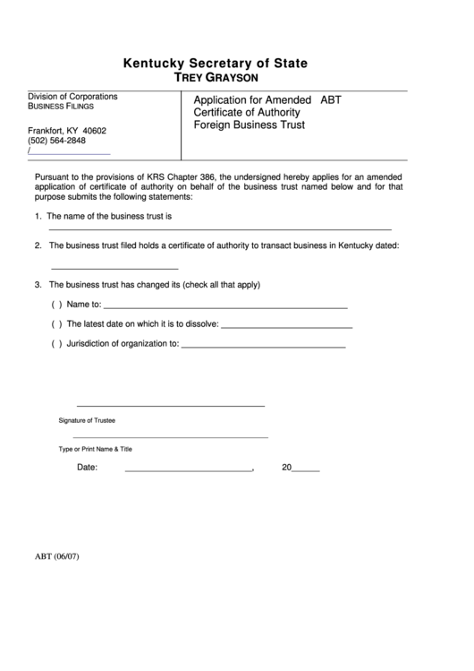 Fillable Form Abt - Application For Amended Certificate Of Authority Foreign Business Trust Printable pdf