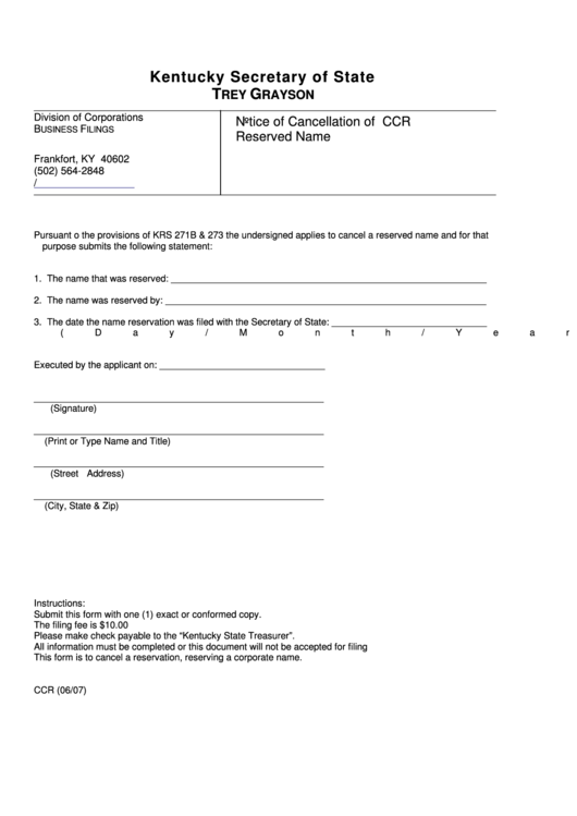 Fillable Form Ccr - Notice Of Cancellation Of Reserved Name Printable pdf
