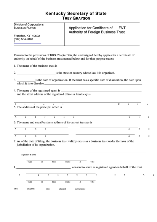 Fillable Form Fnt - Application For Certificate Of Authority Of Foreign Business Trust Printable pdf