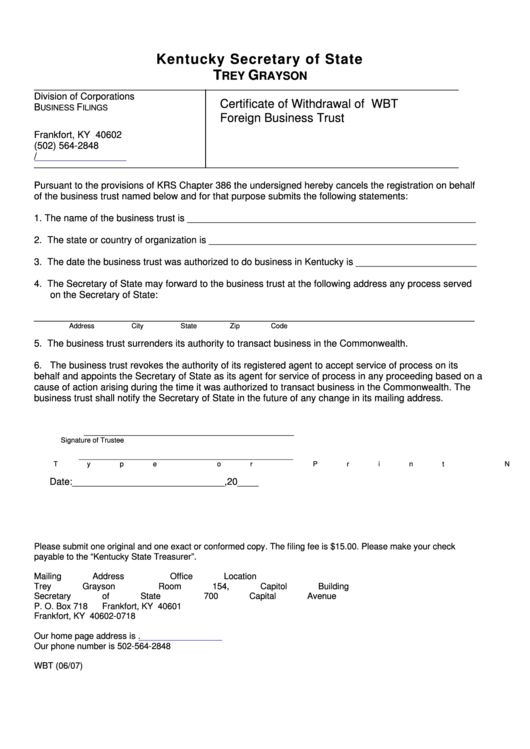 Fillable Form Wbt - Certificate Of Withdrawal Of Foreign Business Trust Printable pdf