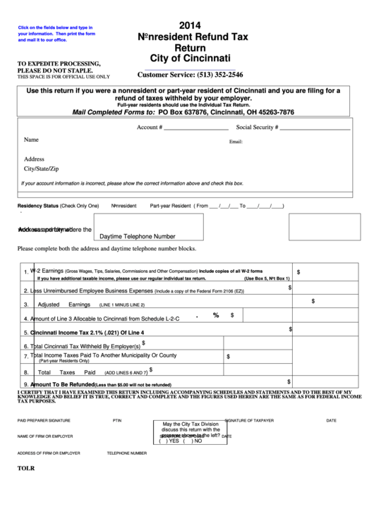 Fillable 2014 Nonresident Refund Tax Return - City Of Cincinnati Printable pdf