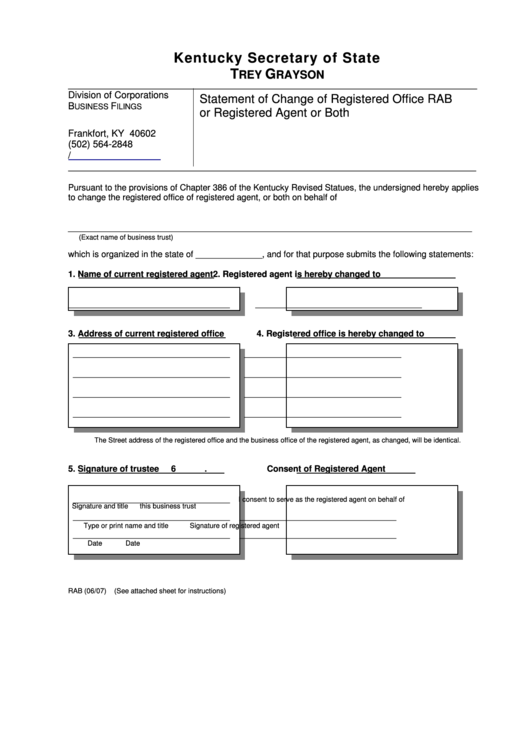Fillable Form Rab - Statement Of Change Of Registered Office Or Registered Agent Or Both Printable pdf
