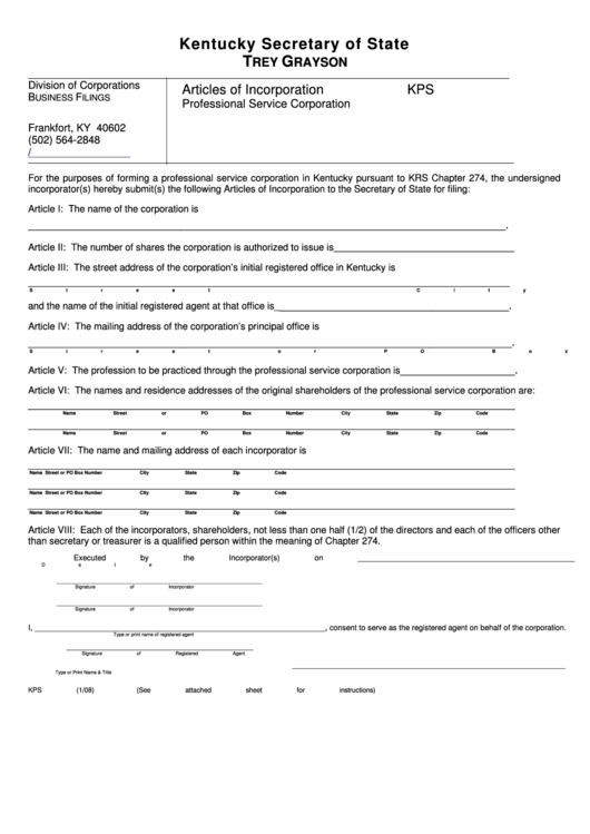 Fillable Form Kps - Articles Of Incorporation Professional Service Corporation - 2008 Printable pdf