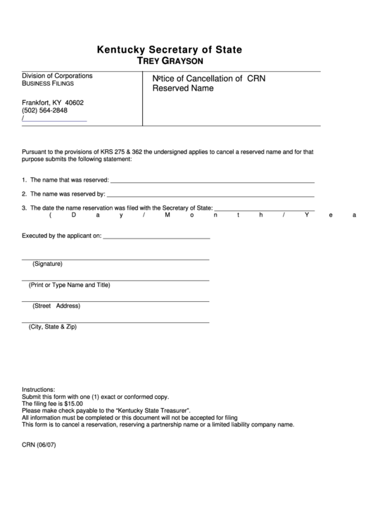 Fillable Form Crn - Notice Of Cancellation Of Reserved Name Printable pdf