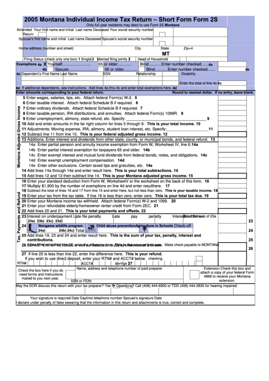 Fillable Form 2s - Montana Individual Income Tax Return - Short Form - 2005 Printable pdf