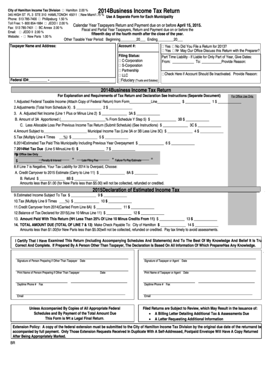 Business Income Tax Return Form - City Of Hamilton - 2014 Printable pdf