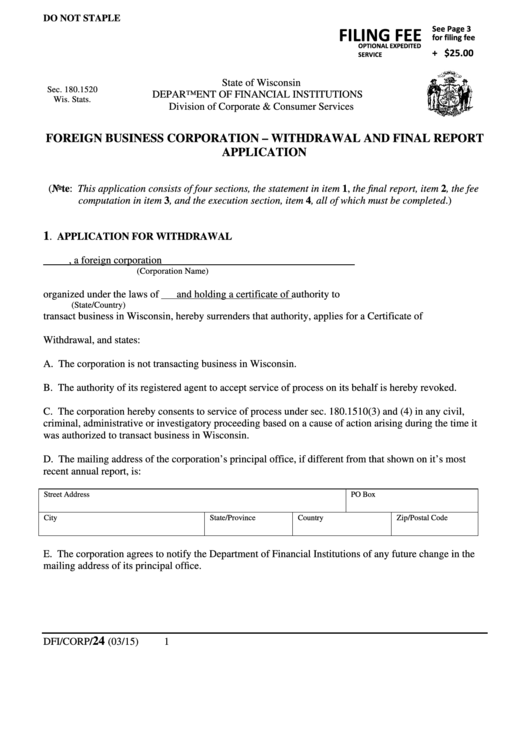 Fillable Foreign Business Corporation - Withdrawal And Final Report Application Form Printable pdf