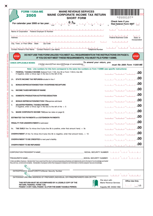 Form 1120a-Me - Maine Corporate Income Tax Return - Short Form - 2005 ...