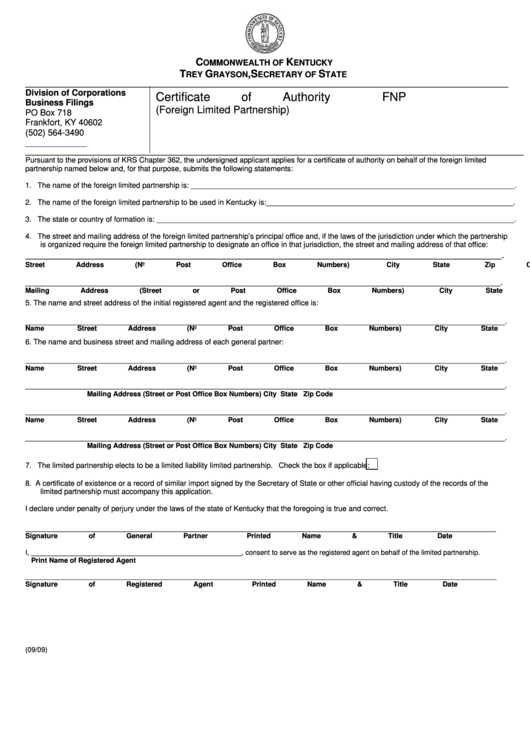 Fillable Form Fnp - Certificate Of Authority Printable pdf