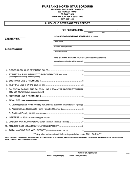Alcoholic Beverage Tax Report Form - Fairbanks Printable pdf