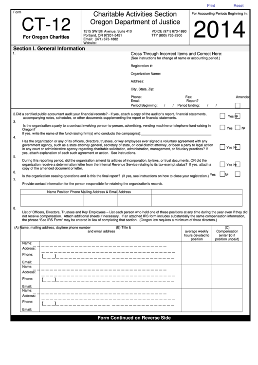 Fillable Form Ct-12 - Tax Return For Oregon Charities - 2014 Printable pdf
