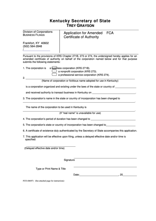 Fillable Form Fca - Application For Amended Certificate Of Authority Printable pdf