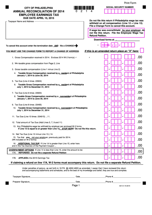 Fillable Annual Reconciliation Of 2014 Employee Earnings Tax City Of 