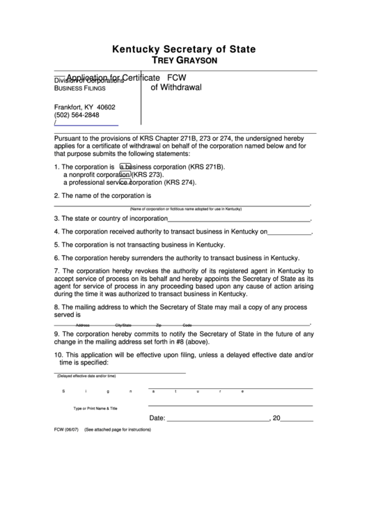 Form Fcw - Application For Certificate Of Withdrawal With Instructions Printable pdf