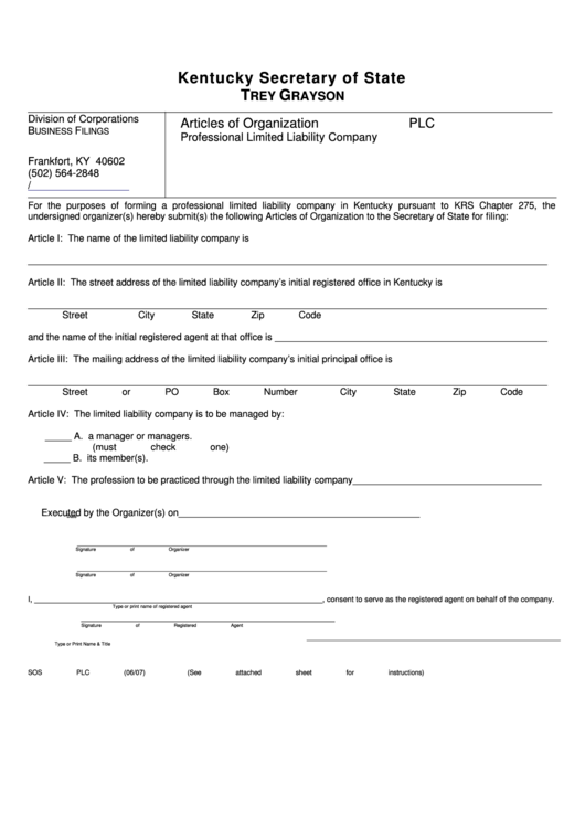 Fillable Form Plc - Articles Of Organization Pllc - Kentucky Secretary Of State Printable pdf