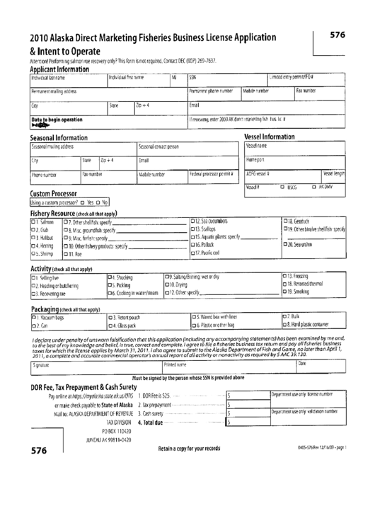 Form 576 - 2010 Alaska Direct Marketing Fisheries Business License Application & Intent To Operate Printable pdf