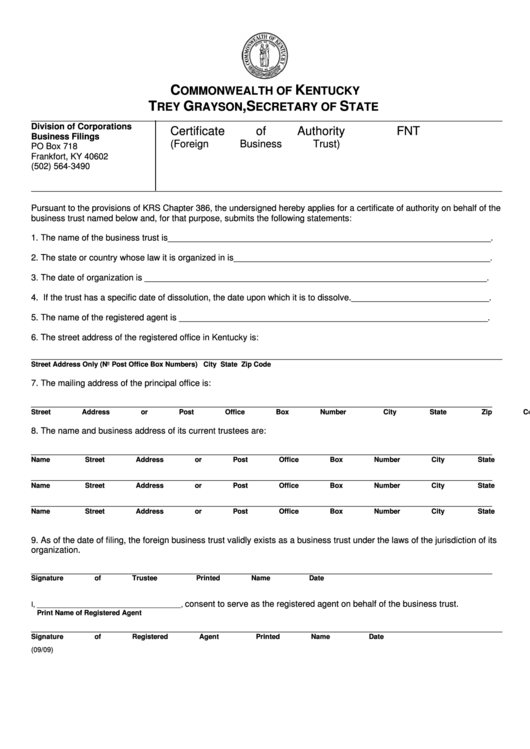 Fillable Form Fnt - Certificate Of Authority (Foreign Business Trust) - 2009 Printable pdf