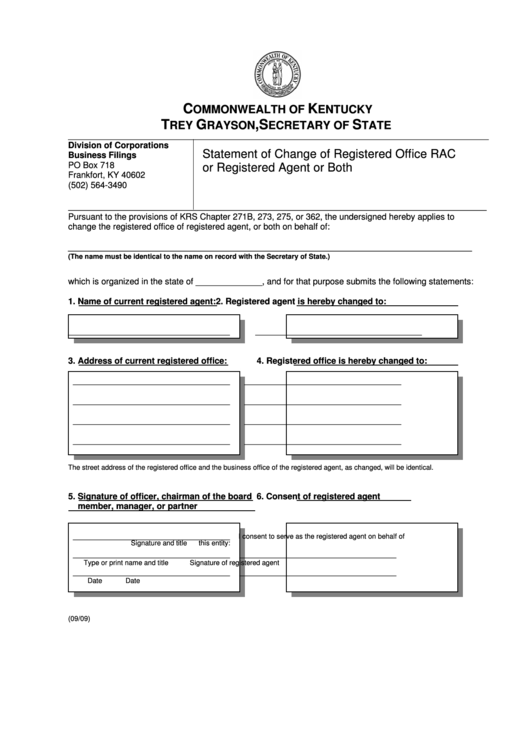 Fillable Form Rac - Statement Of Change Of Registered Office Or Registered Agent Or Both - 2009 Printable pdf