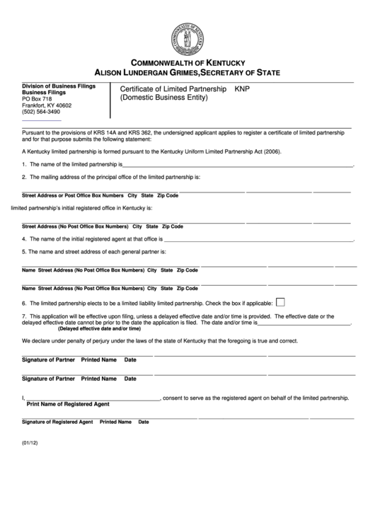 Fillable Form Knp - Certificate Of Limited Partnership (Domestic Business Entity) Printable pdf